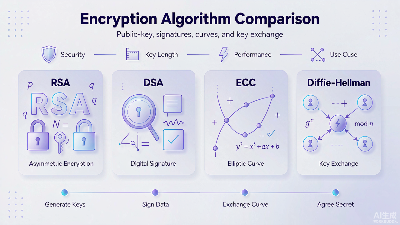 Diffie-Hellman、RSA、DSA、ECC 与 ECDSA 算法对比解析