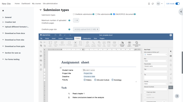 如何在 Moodle 中使用集成的 OnlyOffice Docs 创建表单作业