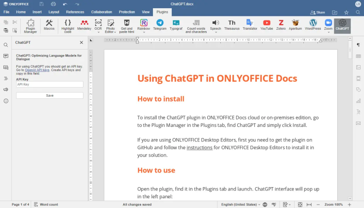 将 ONLYOFFICE Docs 与 ChatGPT 集成实现智能文档